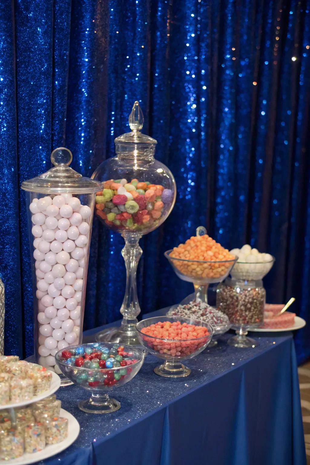 A dessert arrangement featuring a radiant regal blue background that enriches the visual charm.