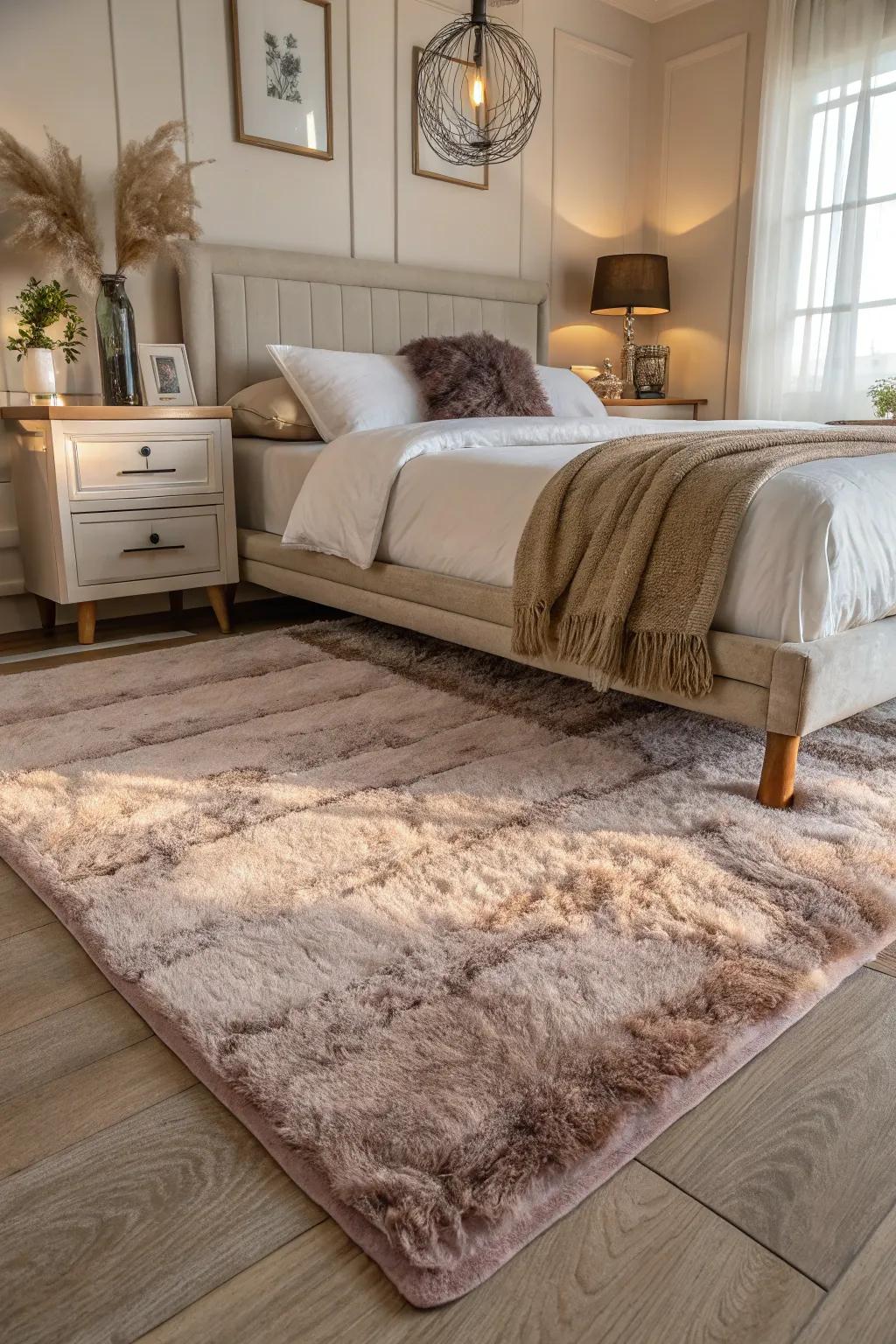 A gentle rug introduces warmth and coziness to your bedroom refuge.