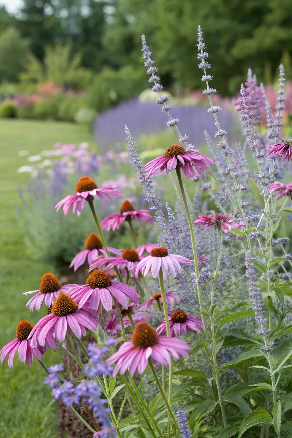 A lively garden scene showcasing Azure Beauty paired with stunning crimson sunflower spikes.