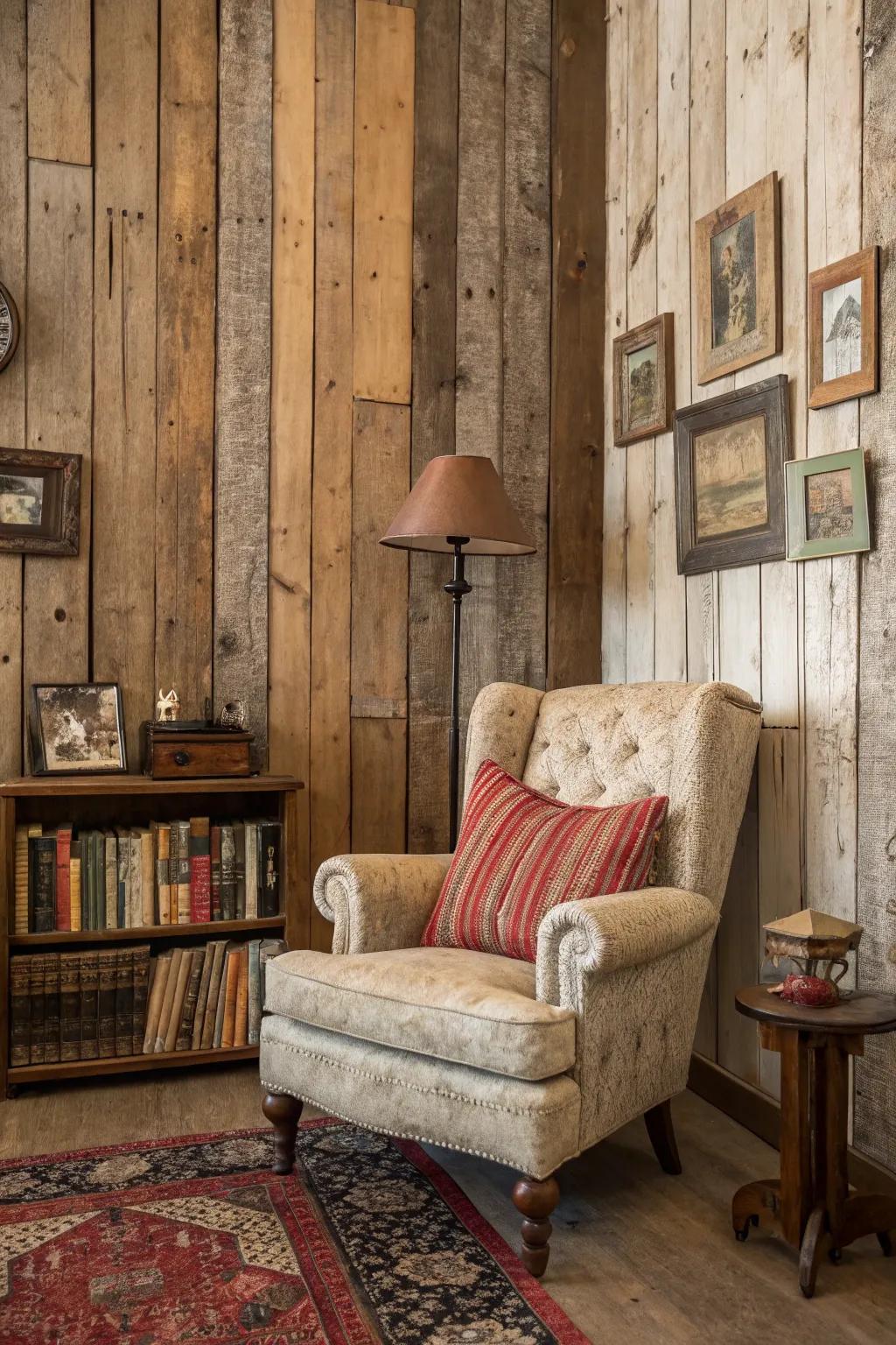 Aged timber boards give your walls a homespun texture.