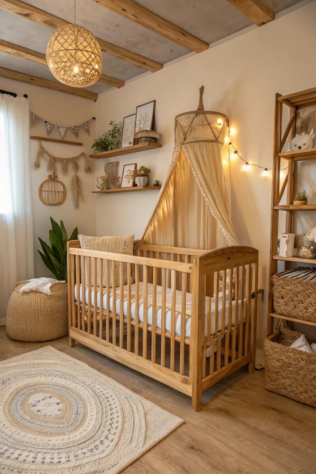 Unprocessed timber hues introduce warmth and charm within the baby room.