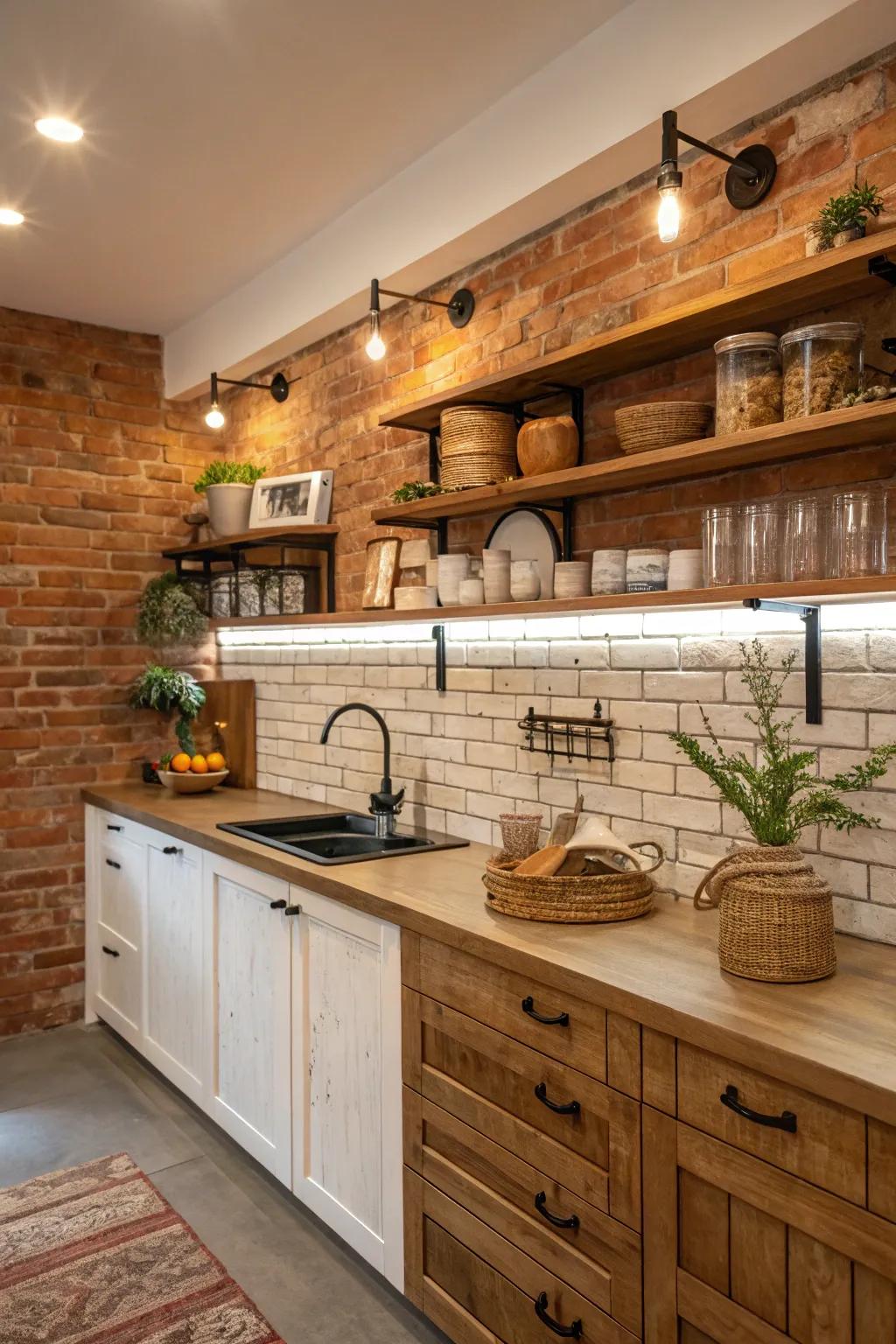 A rustic kitchen featuring an exposed brick backsplash.