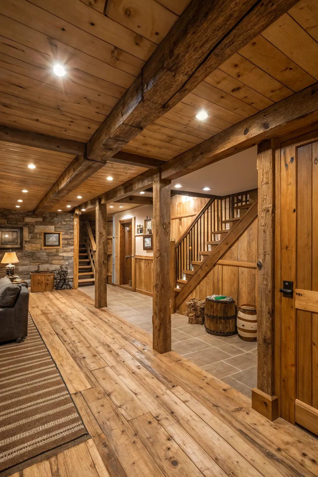 Exposed timber supports give a rural feel to your lower level.