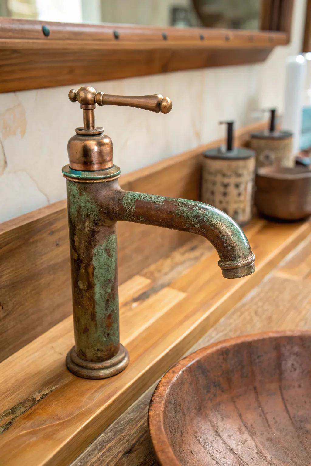 A copper water spout with a weathered patina introduces warmth and personality.