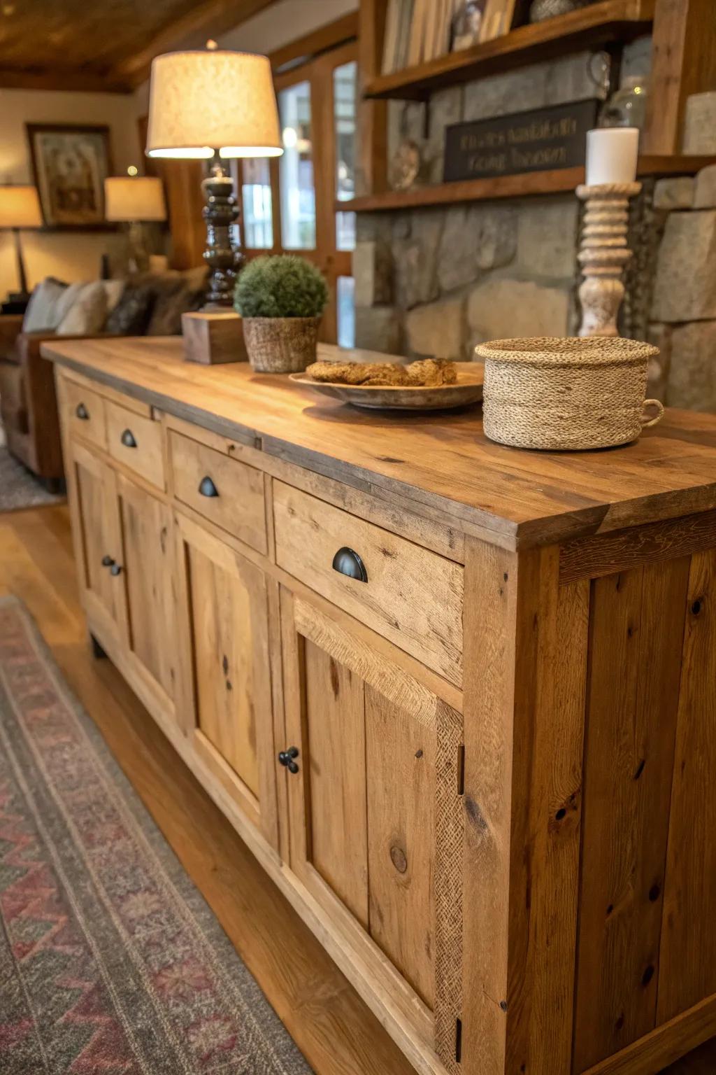 A country-style timber sideboard showcasing striking natural wood patterns.