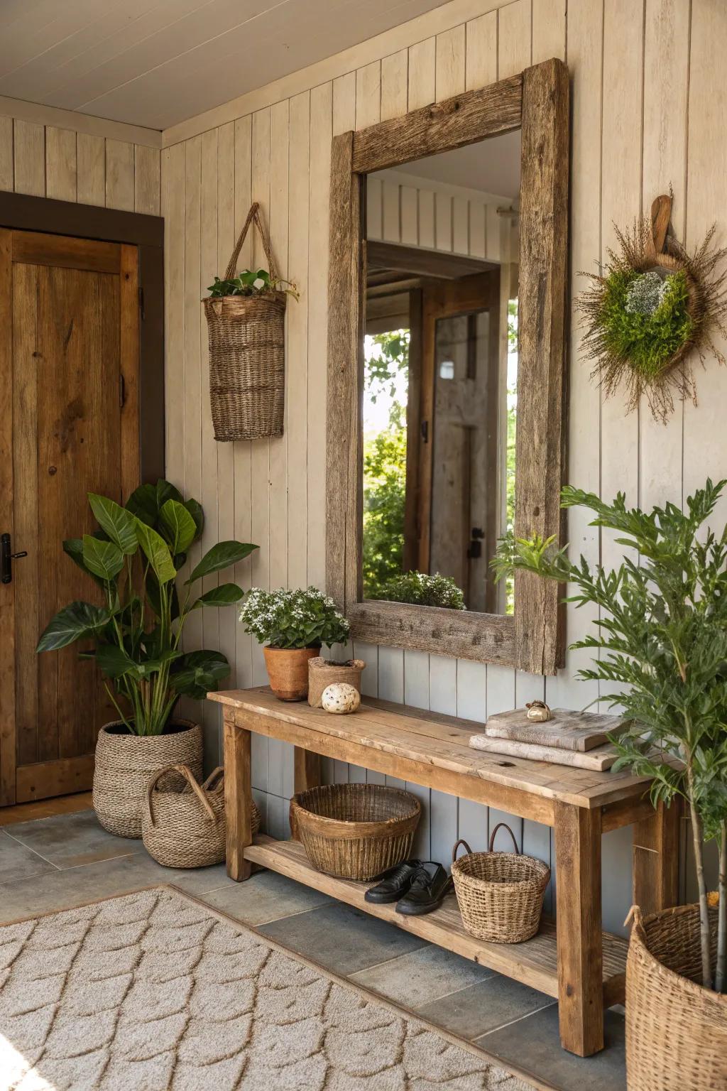 A foyer showcasing a mirror framed with recycled lumber.