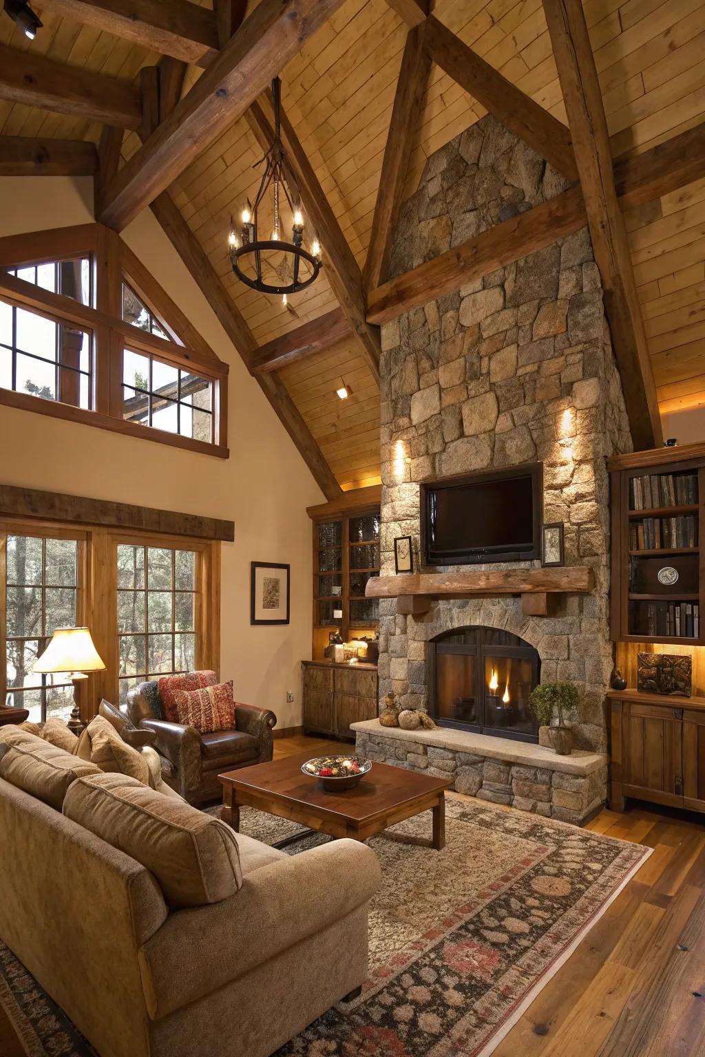 A rustic family room featuring natural wood beams and a stone fireplace.