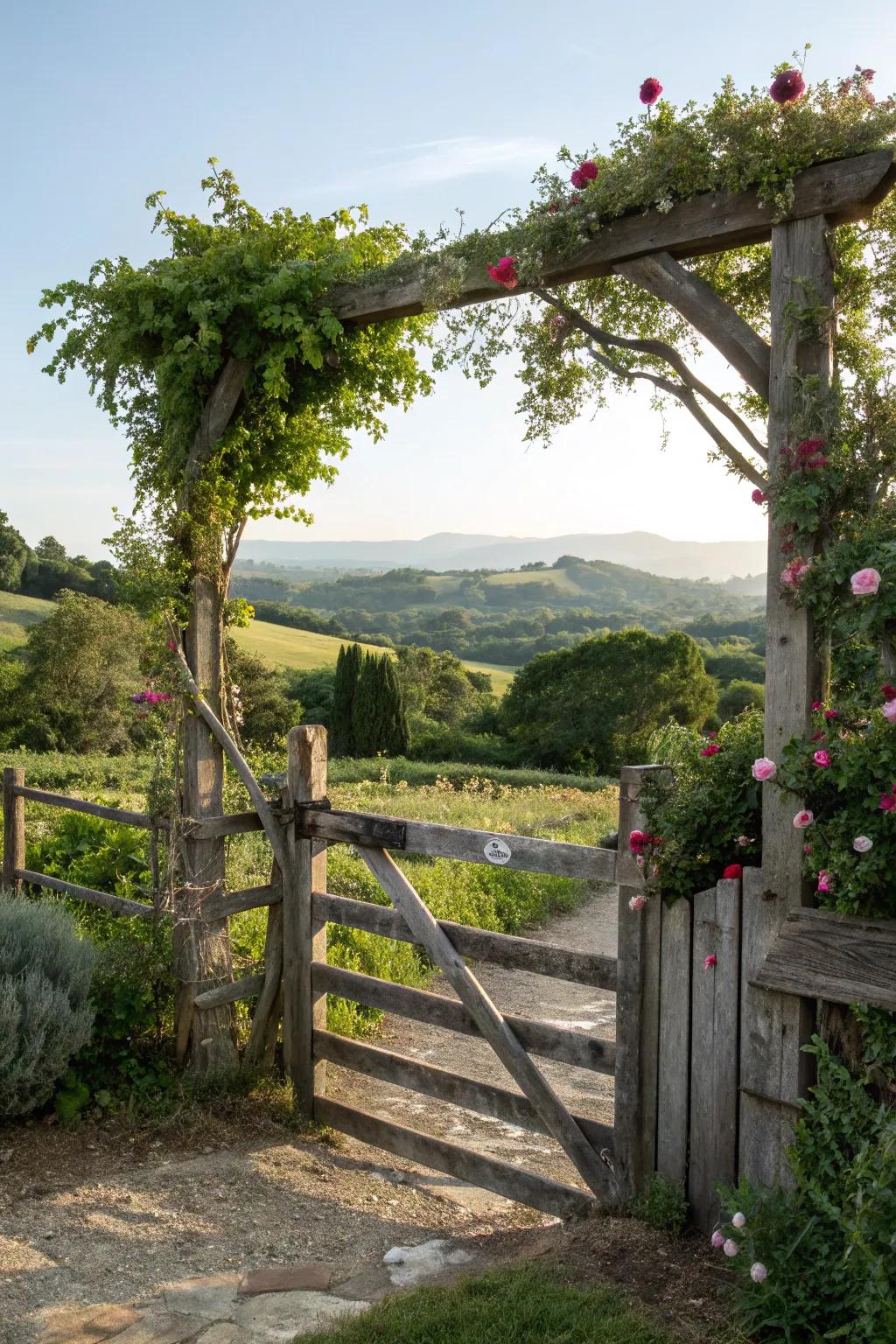 A traditional wood portal encircled by lively vegetation.
