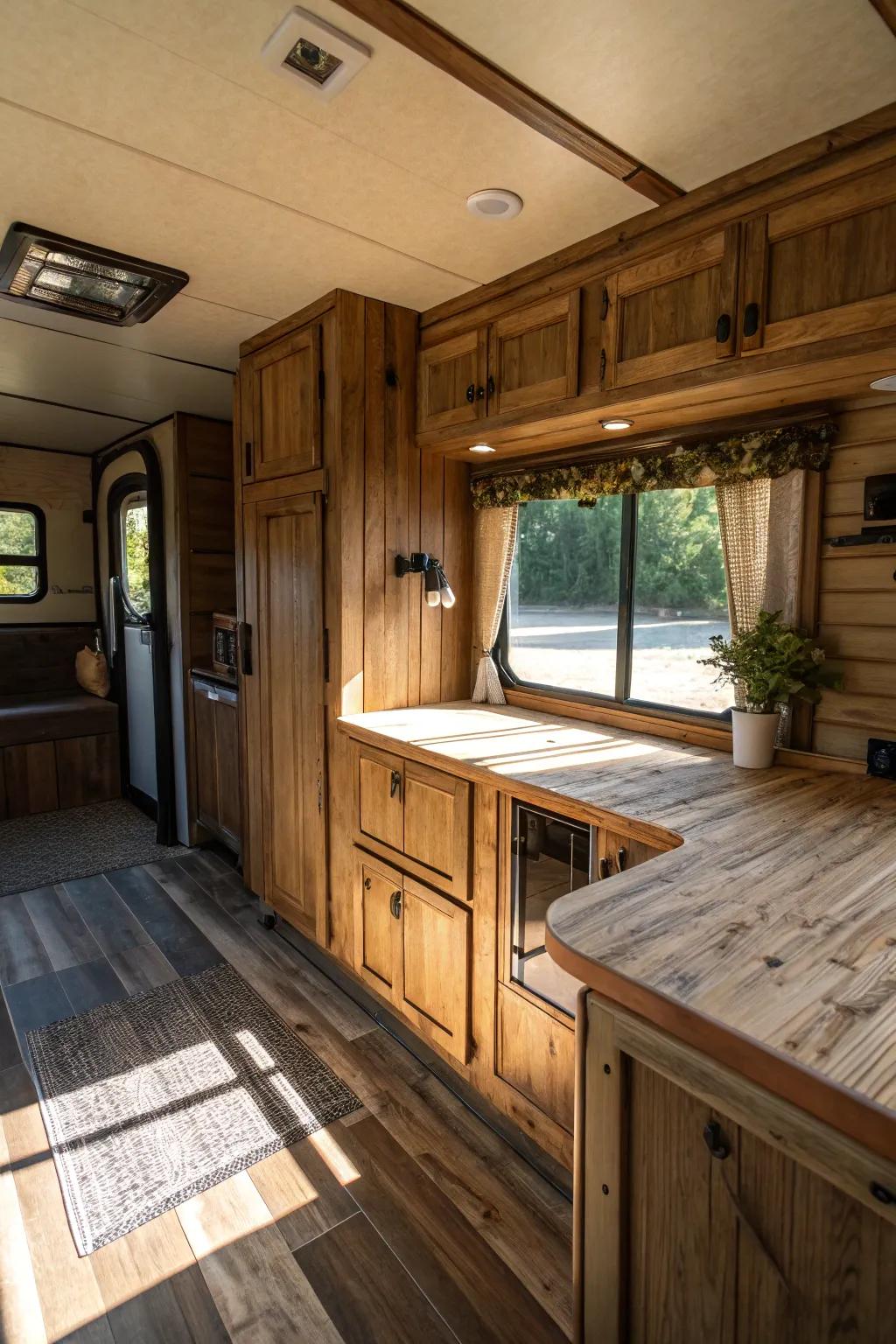 Natural timber components imbue your mobile home with coziness and visual texture.