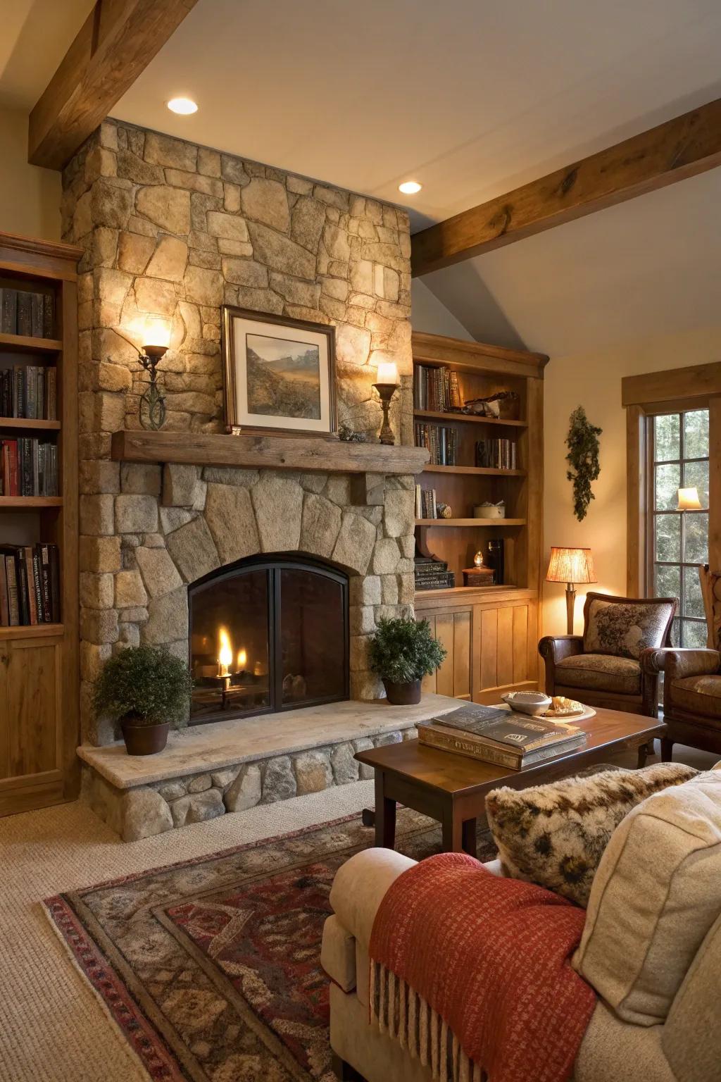 A cozy living room highlights the inherent beauty of a stone fireplace.