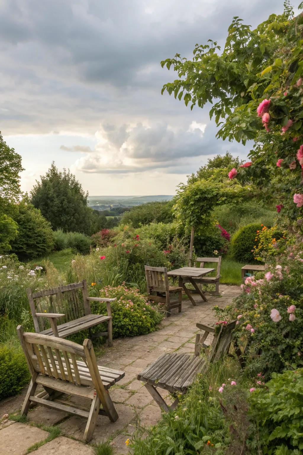A welcoming seating arrangement in a countryside-inspired garden setting.