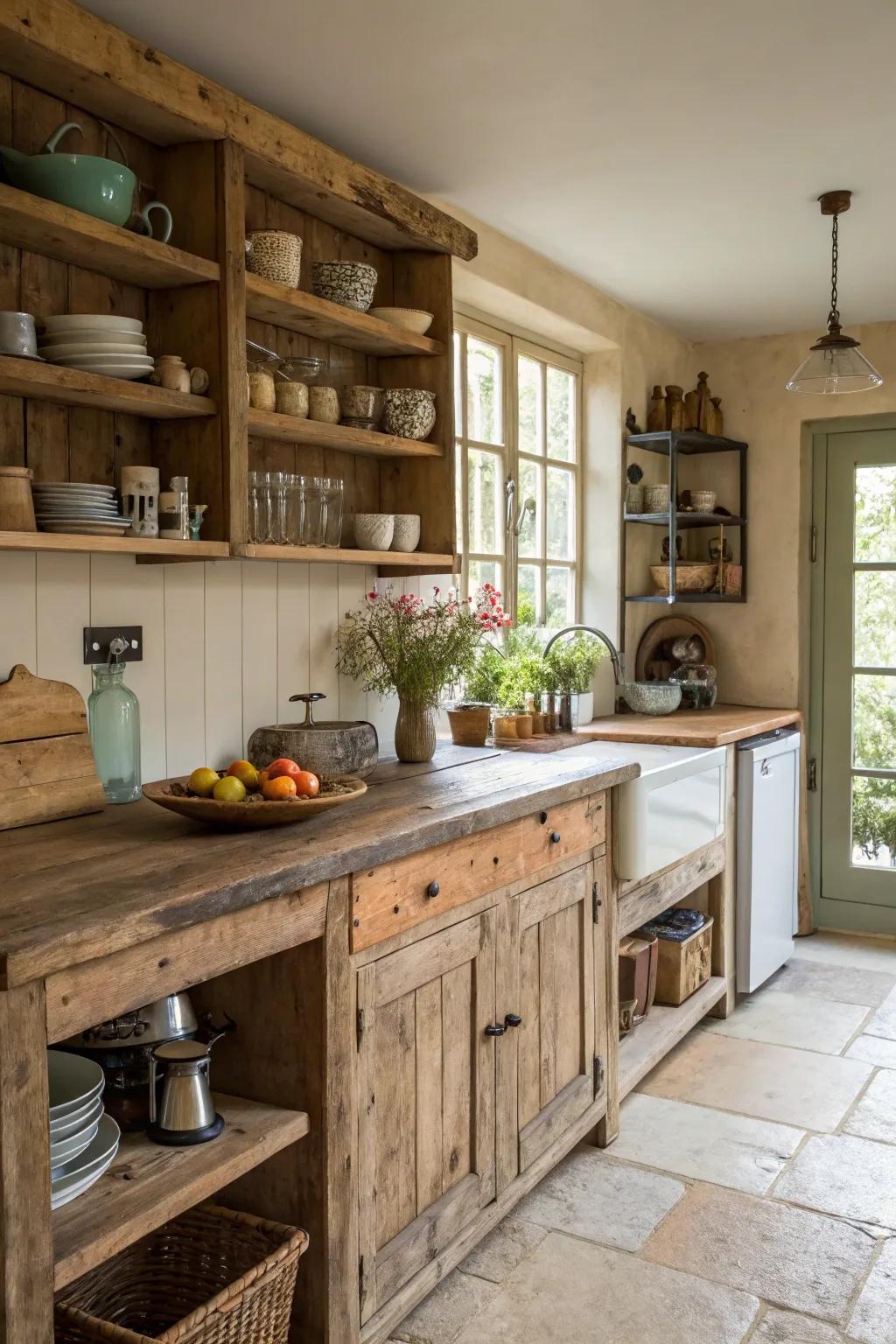 Repurposed wood enriches the ambiance of any rustic kitchen by adding character and historical depth.