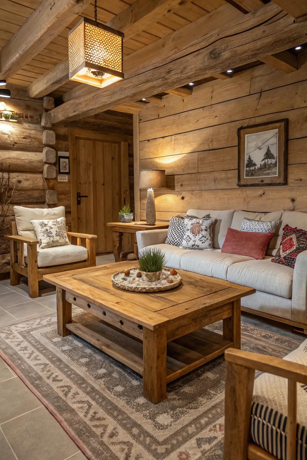 Natural wood furniture adds warmth and authenticity to any rustic living room.