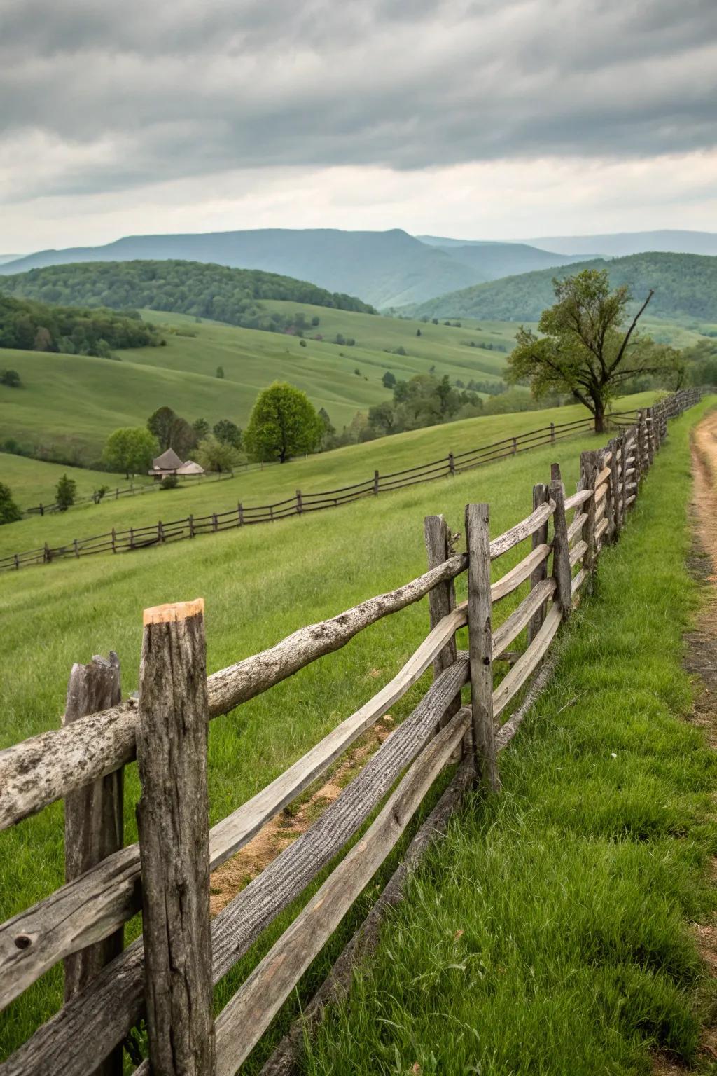 A timeless pale timber boundary stretching alongside undulating slopes, conjuring a sense of unaffected elegance.