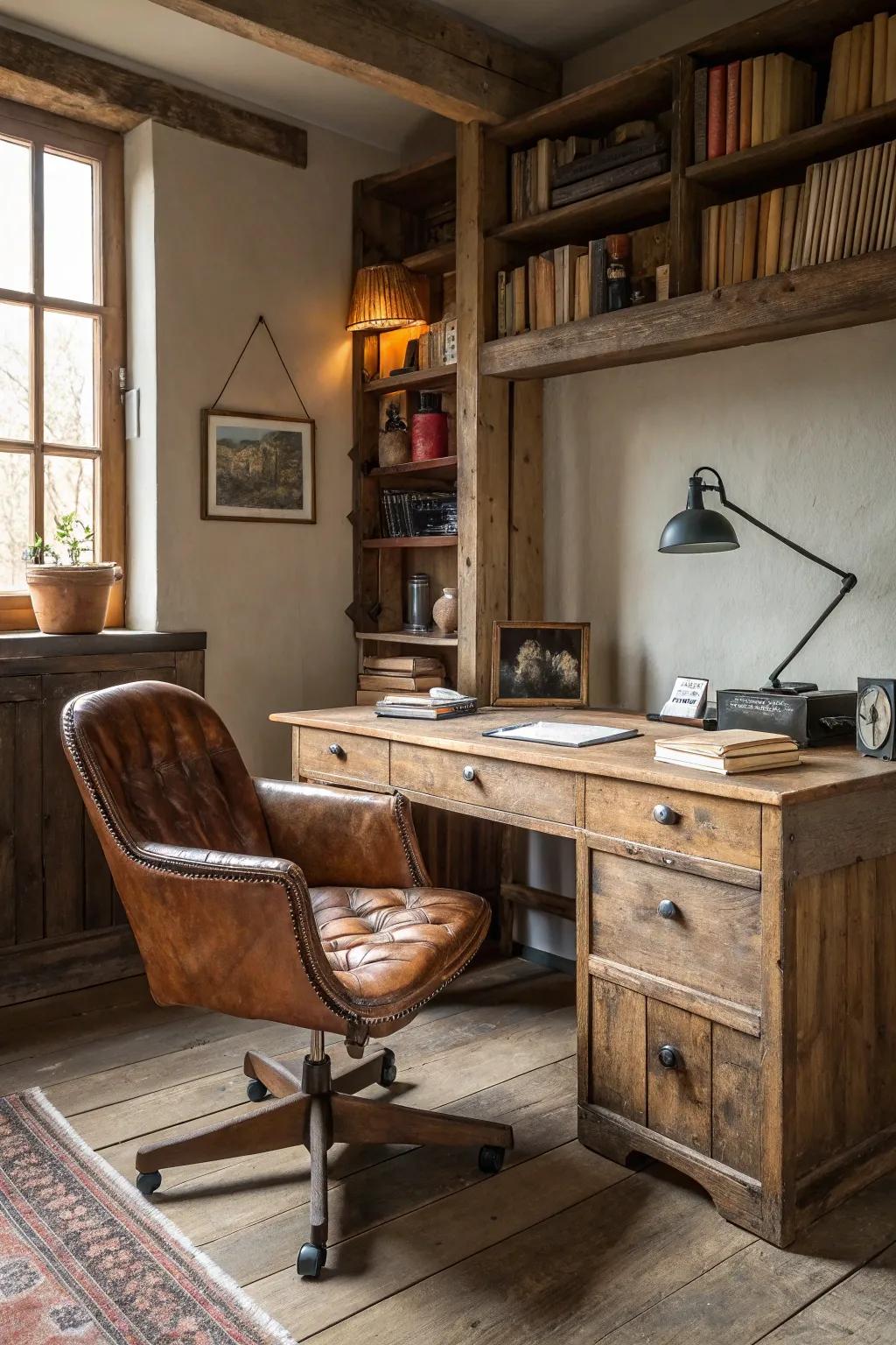 A country office showing a reclaimed lumber desk and nostalgic allure.