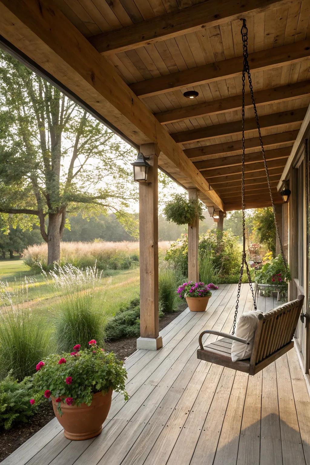 Exposed beams impart a rustic allure to this porch.