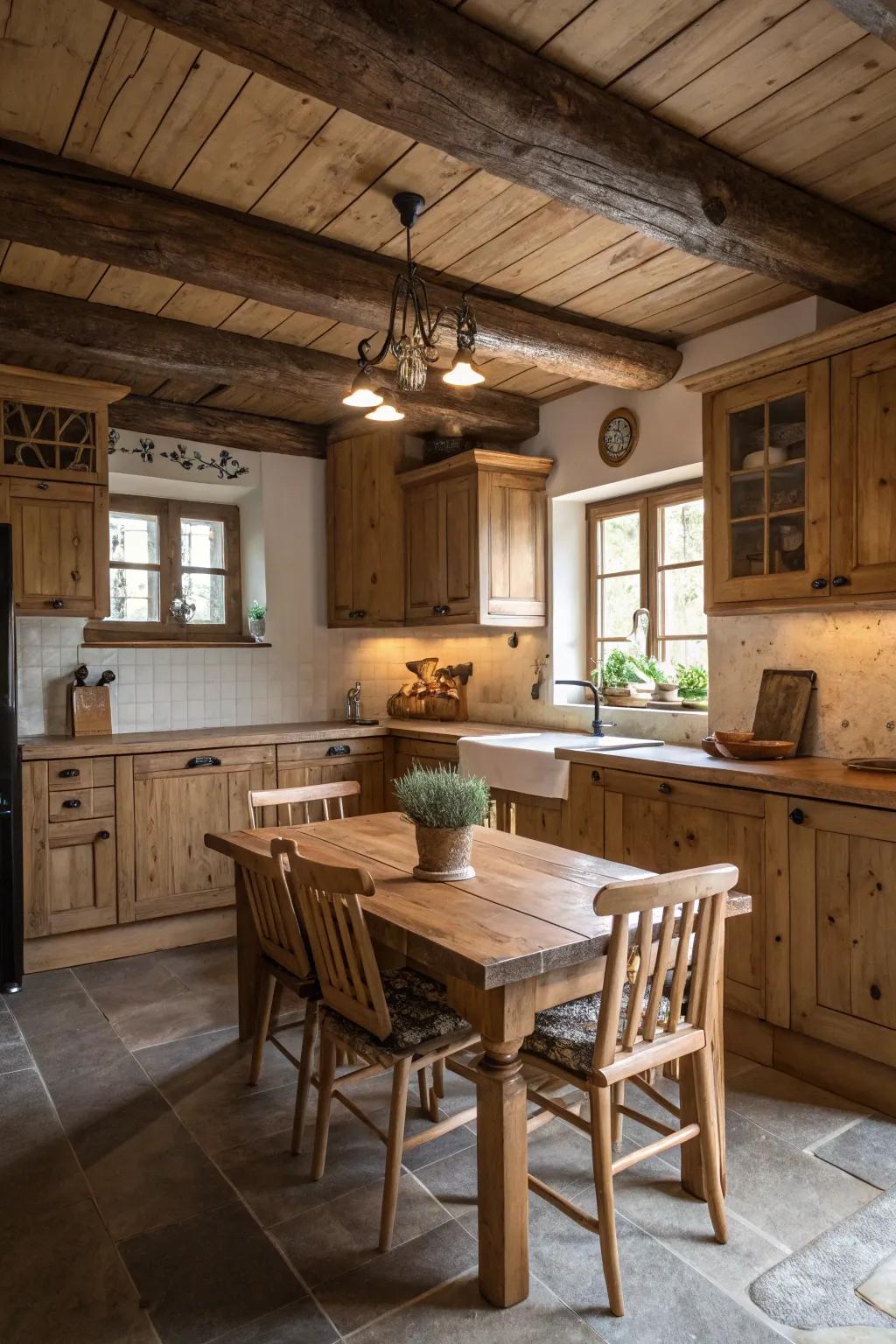 Untreated wood units and countertops provide warmth to this countryside kitchen.