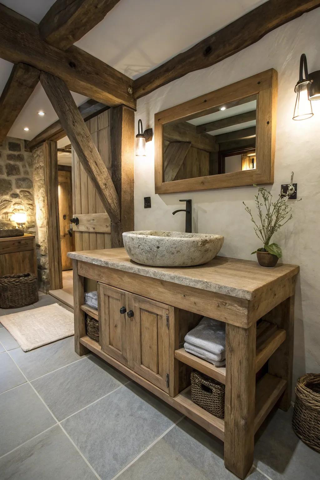 A <strong>rustic</strong> counter made from upcycled lumber introduces appeal and warmth.” loading=”lazy” class=”pimg”>
	</picture><figcaption>A <strong>rustic</strong> counter made from upcycled lumber introduces appeal and warmth.</figcaption></figure>
<p>A <strong>counter</strong> made from recovered lumber instantly provides your bathroom with a <strong>rustic</strong> appeal. I’ve created several bathrooms where this element serves as the core, bringing warmth and personality into the area.</p>
<h3>Some handy options:</h3>
<ul class=