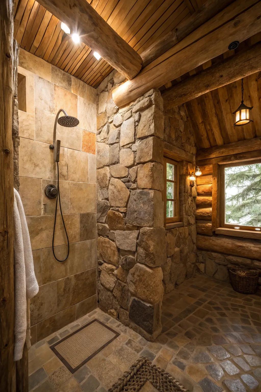 A shower showcasing natural stone walls, creating a serene and rustic ambiance.