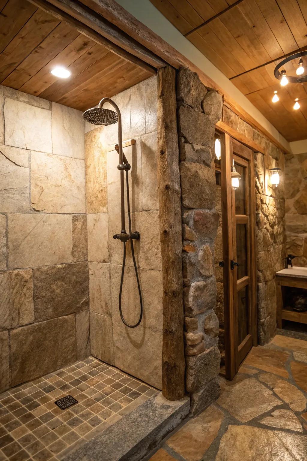 A country style shower showing the timeless elegance of real rock panels.