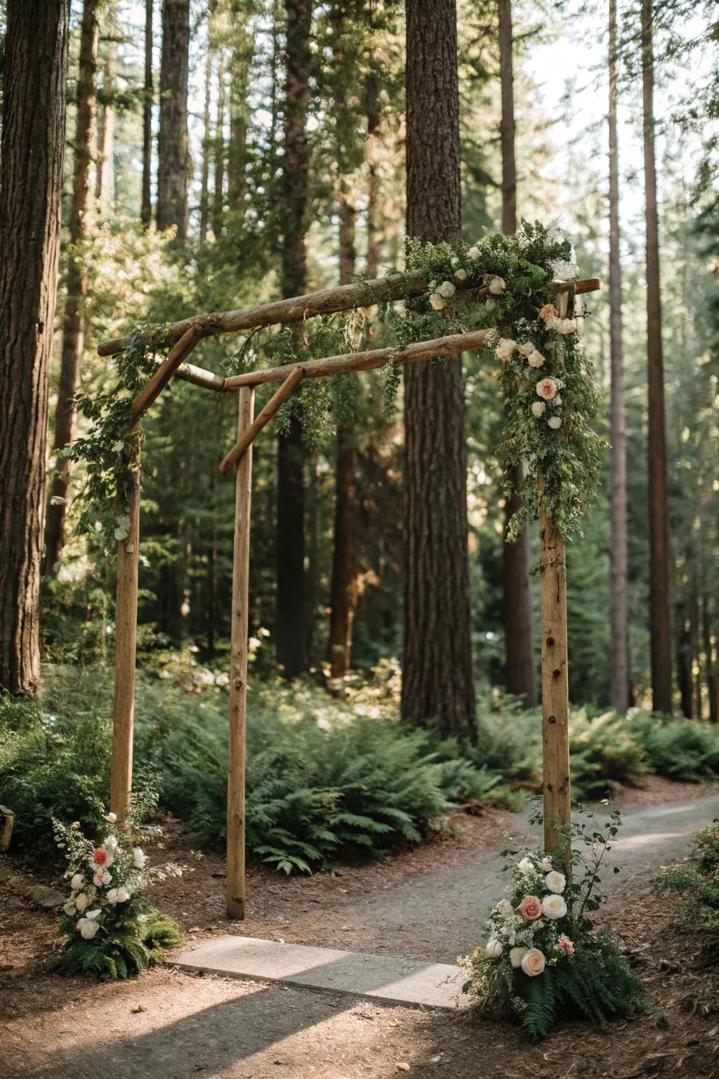 A simple wooden arch nestled in the woods, highlighted by abundant greenery.