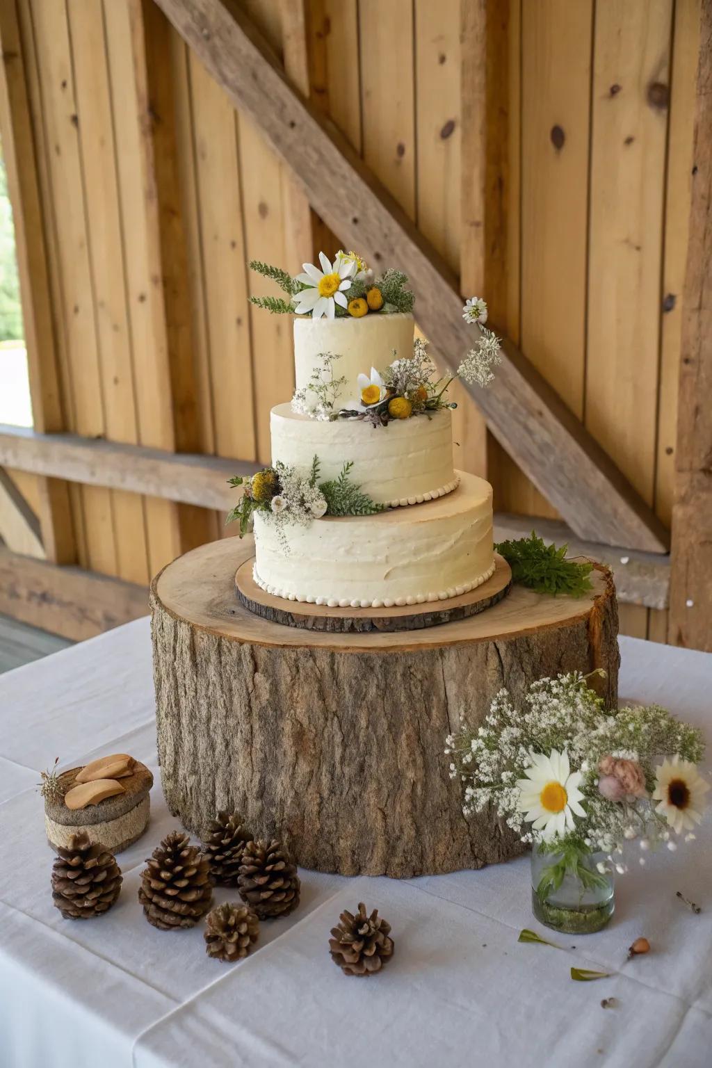 Classic wooden disk platform for an organic cake showcase.