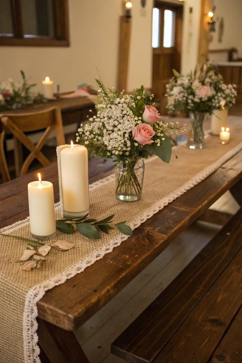 A countryside main table showcasing a hessian strip and tasteful floral features.