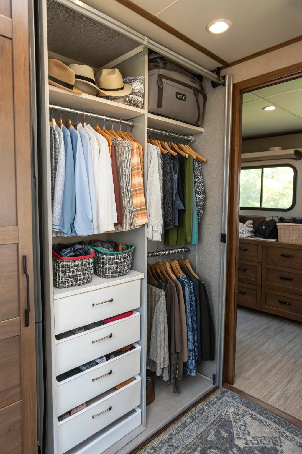 Hanging organizers offer plenty of room for clothes and accessories in an RV closet.