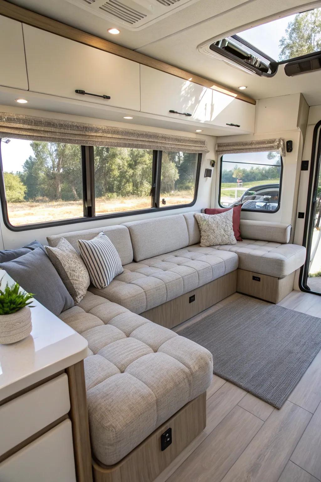Modular couches provide customizable seating options for RVs.
