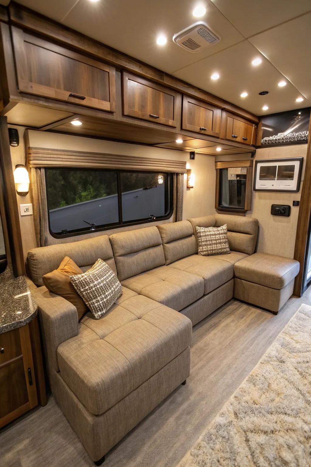 A modular sectional sofa adds adaptability to your RV living space.