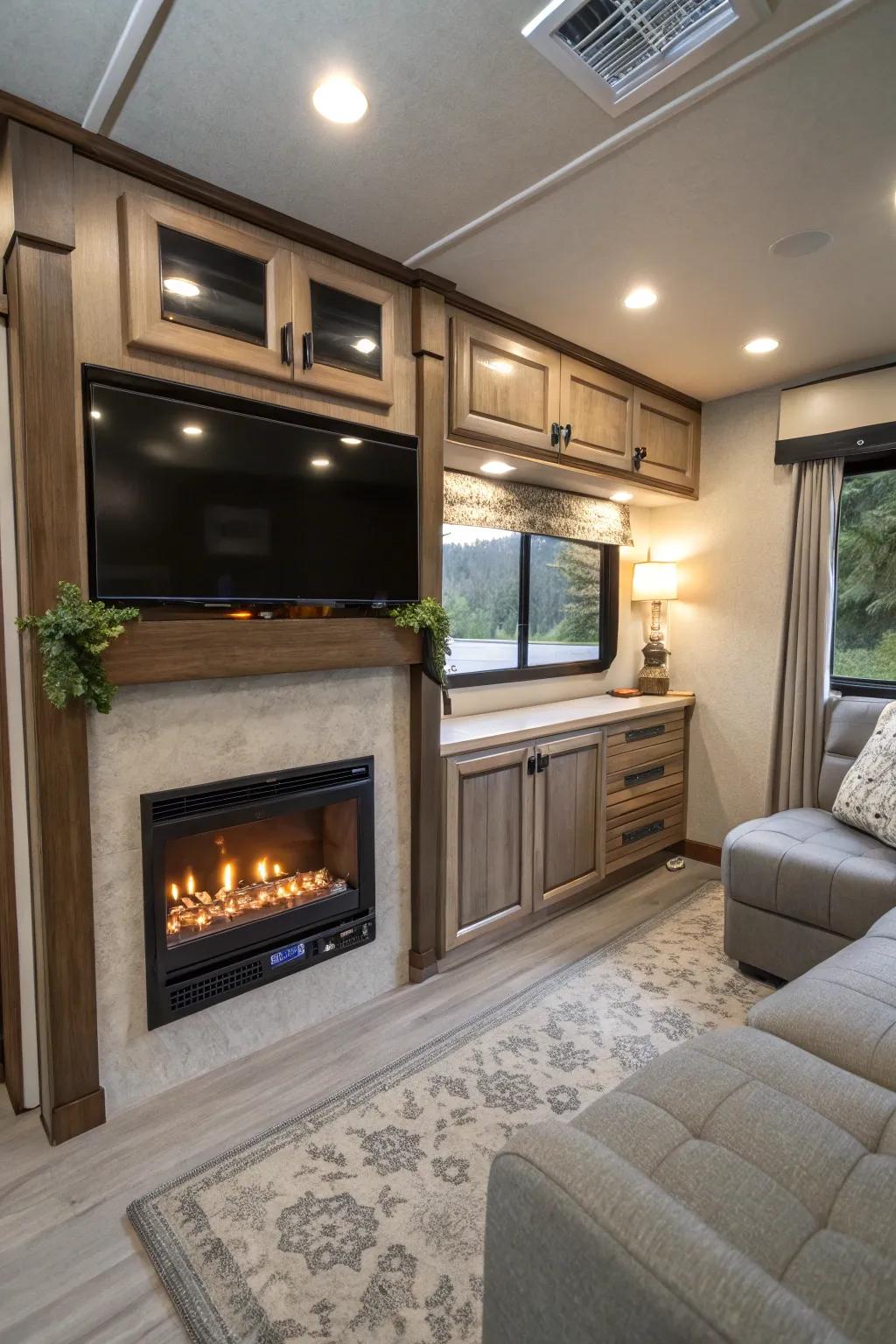 Built-in fireplace seamlessly integrated into an RV entertainment center.