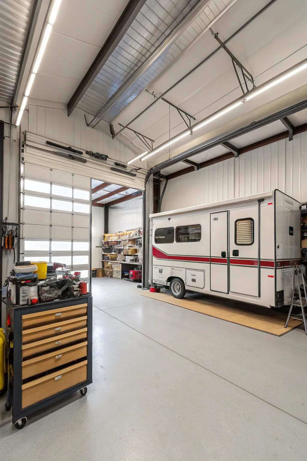 High ceilings in an RV garage offer ample space for creative storage solutions.