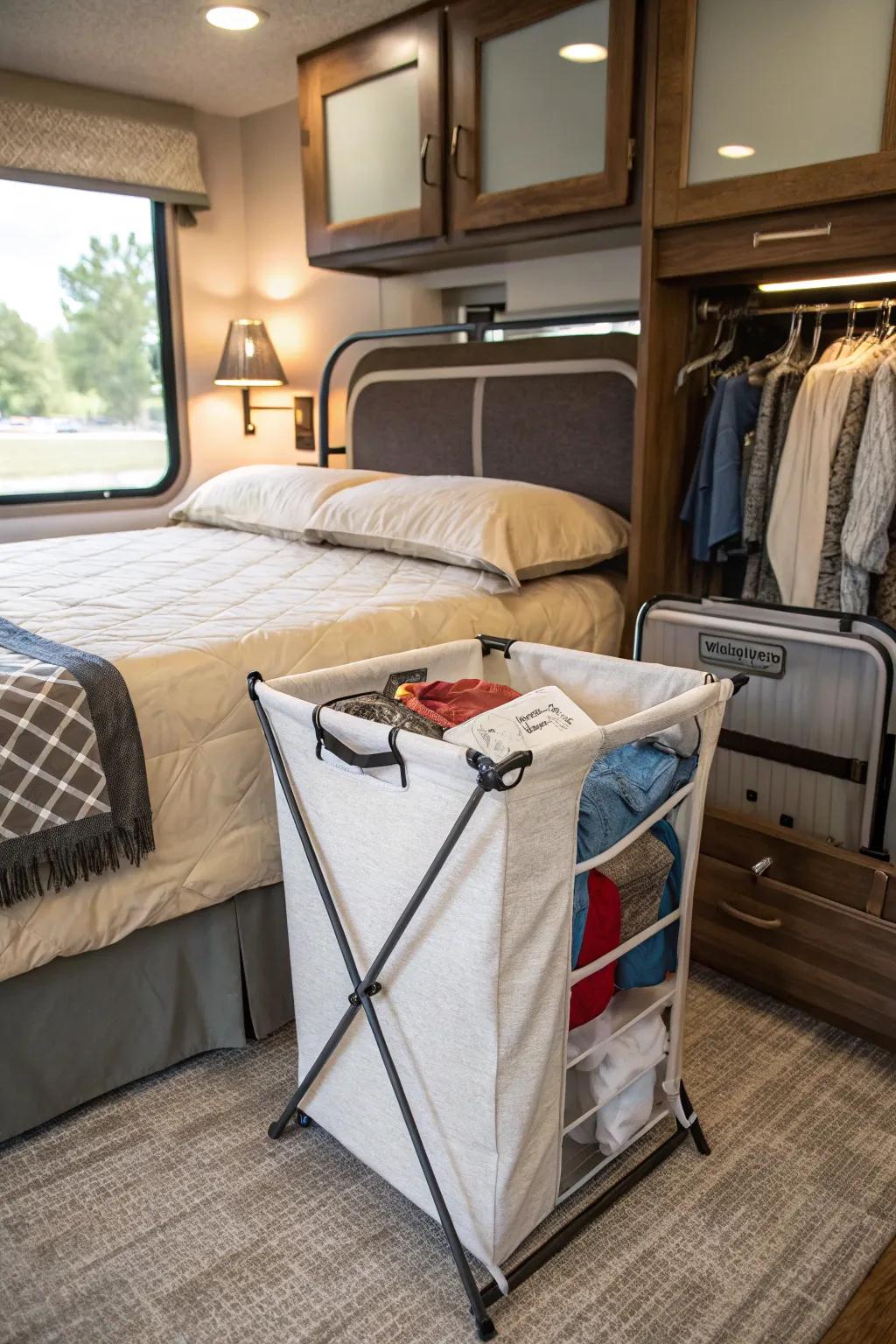 Conveniently stored collapsible hamper under an RV bed.