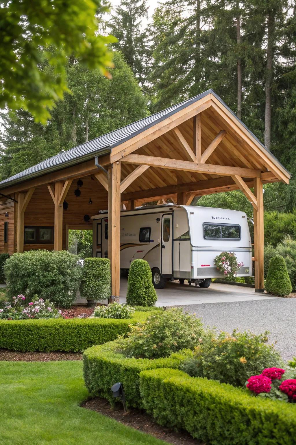 An open RV shelter that combines ease of access with shelter.