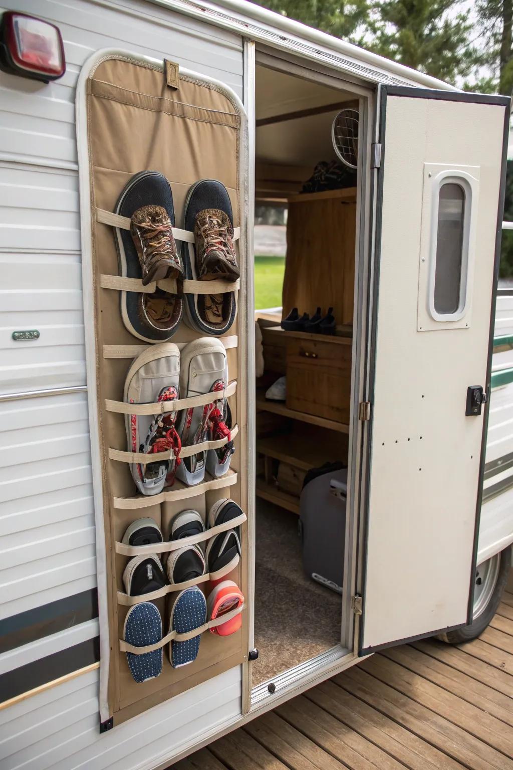 Transform your RV door into a shoe oasis with a hanging organizer.