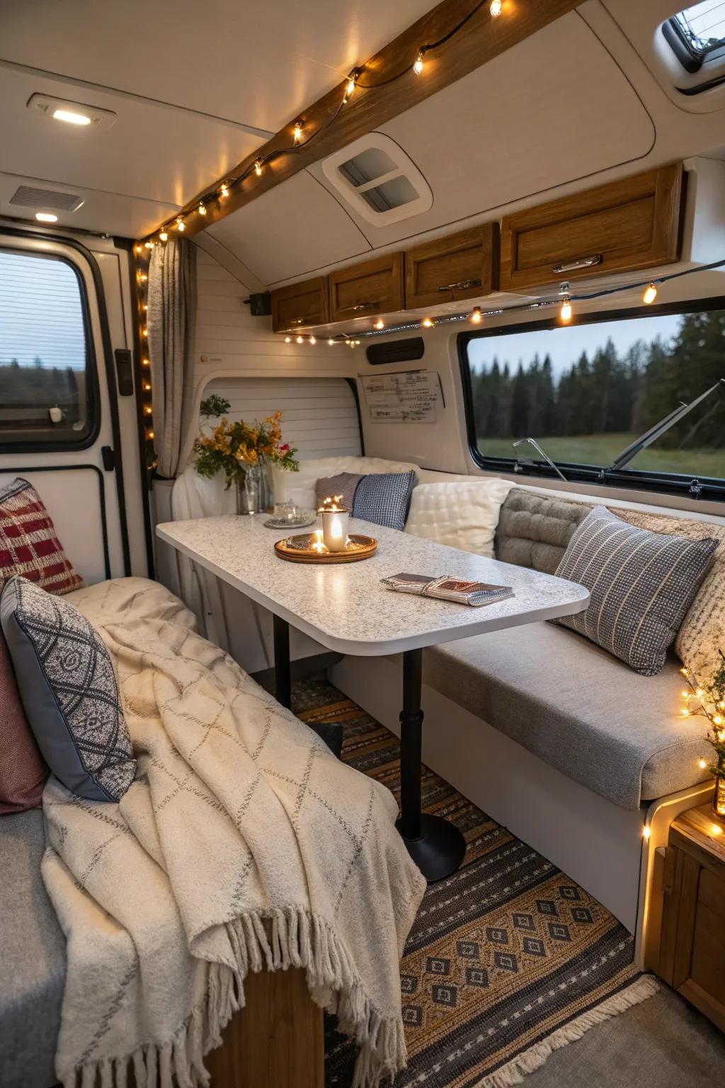 A convertible table in an RV offers multifunctional benefits.