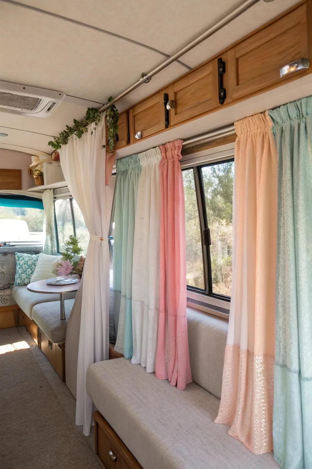Layered drapes enhance depth and seclusion within your RV.