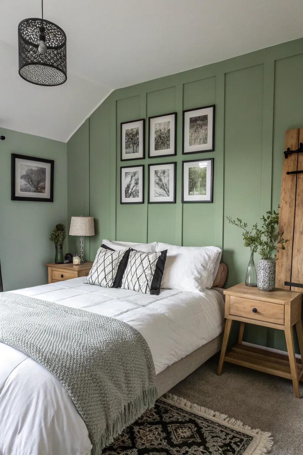 A soft green focus wall forms a tranquil backdrop for contrasting decor.