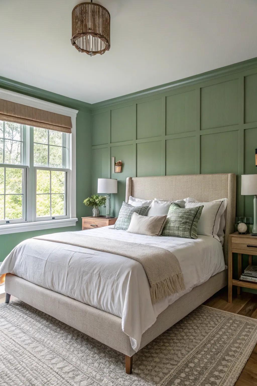 A soft green feature wall turns into the serene core of a tranquil sleeping quarters.