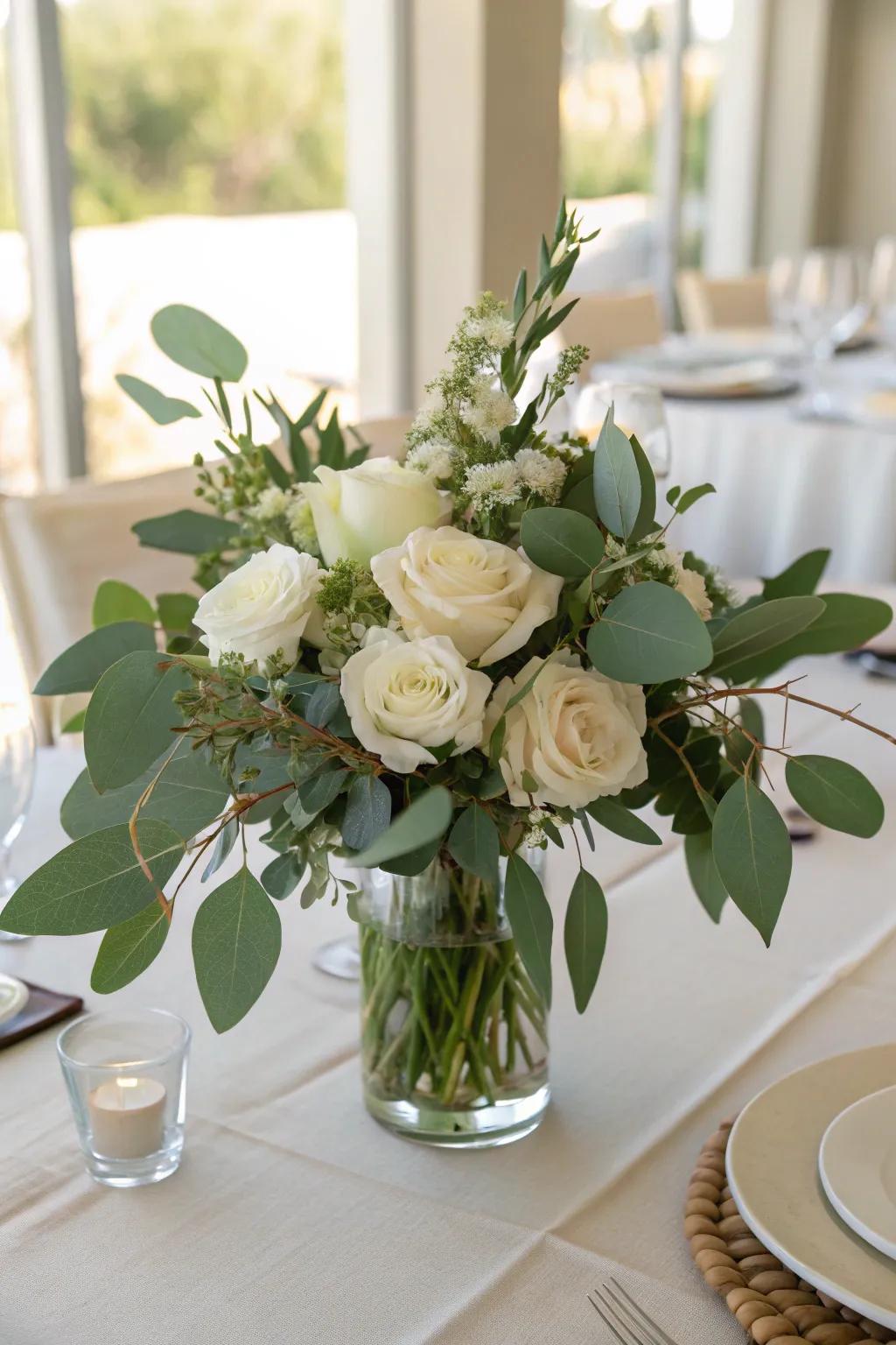 A timeless arrangement of verdant sprigs and snowy blossoms that radiates sophistication.