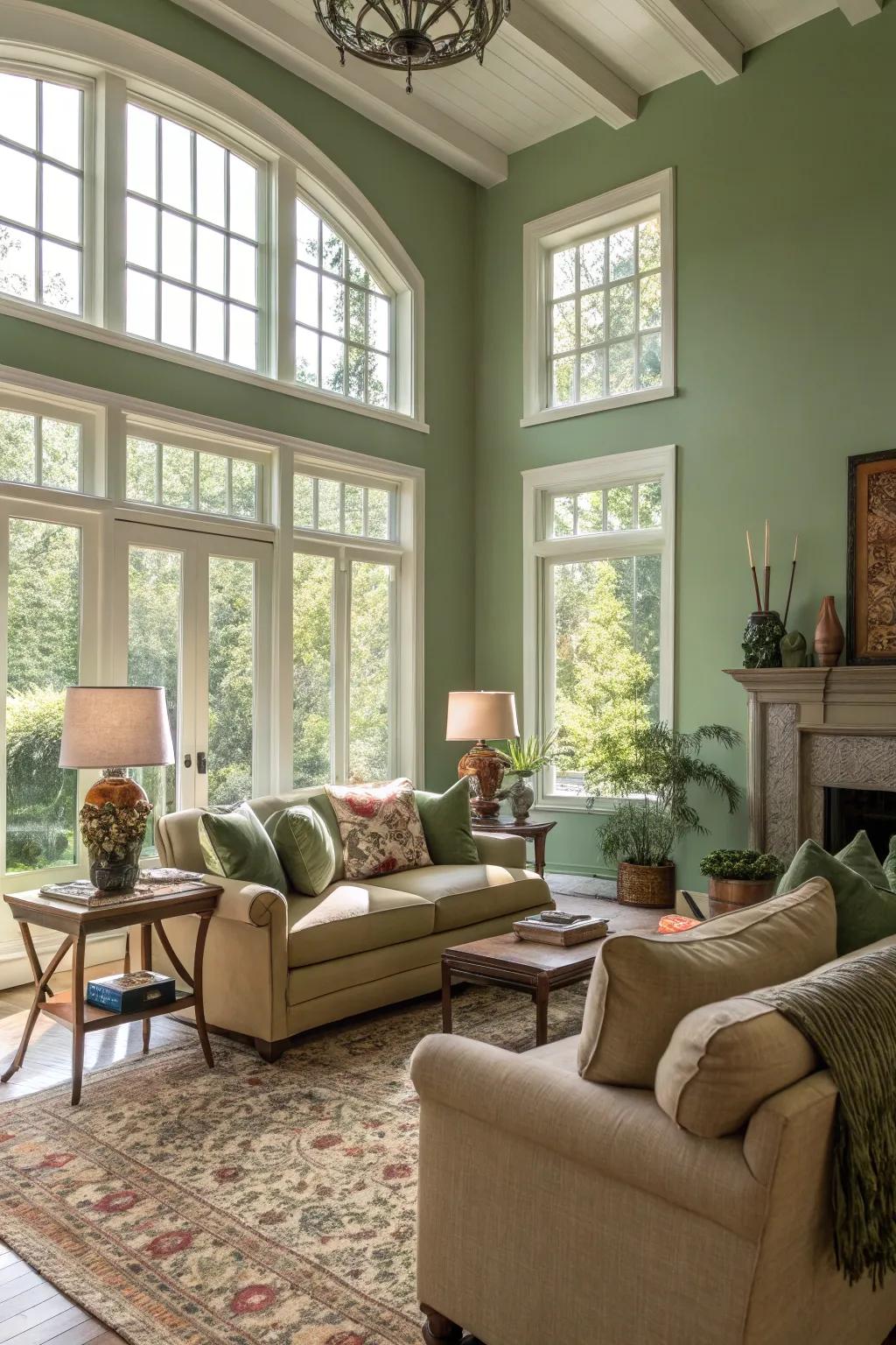Sage green walls, illuminated by natural light, foster a serene environment.