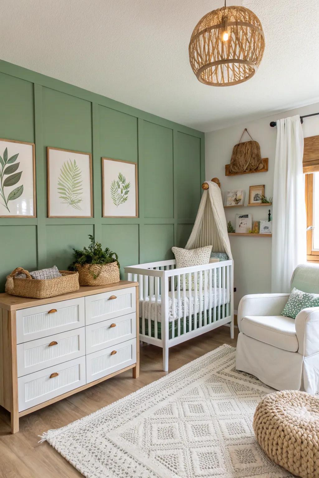 A sage green highlight wall adds a focal point in this serene nursery.