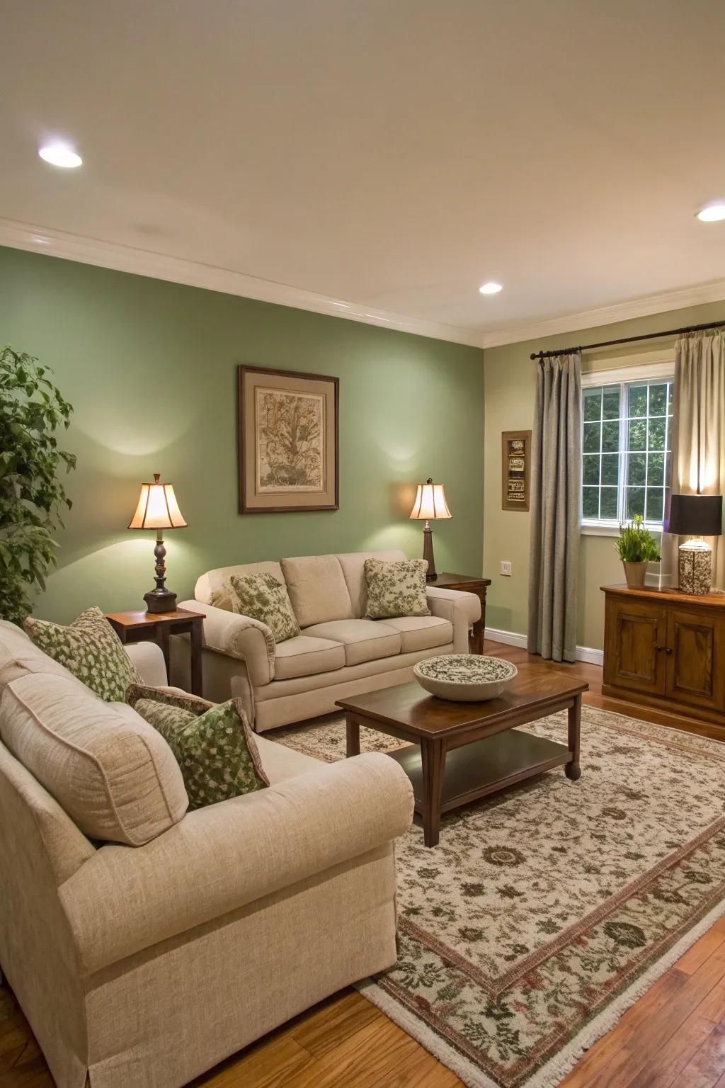 A stylish living room showcasing a sage green accent wall, drawing the eye.