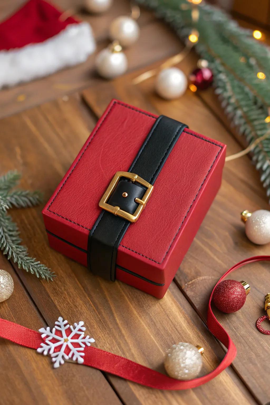The traditional Father Christmas belt container enhances any present.