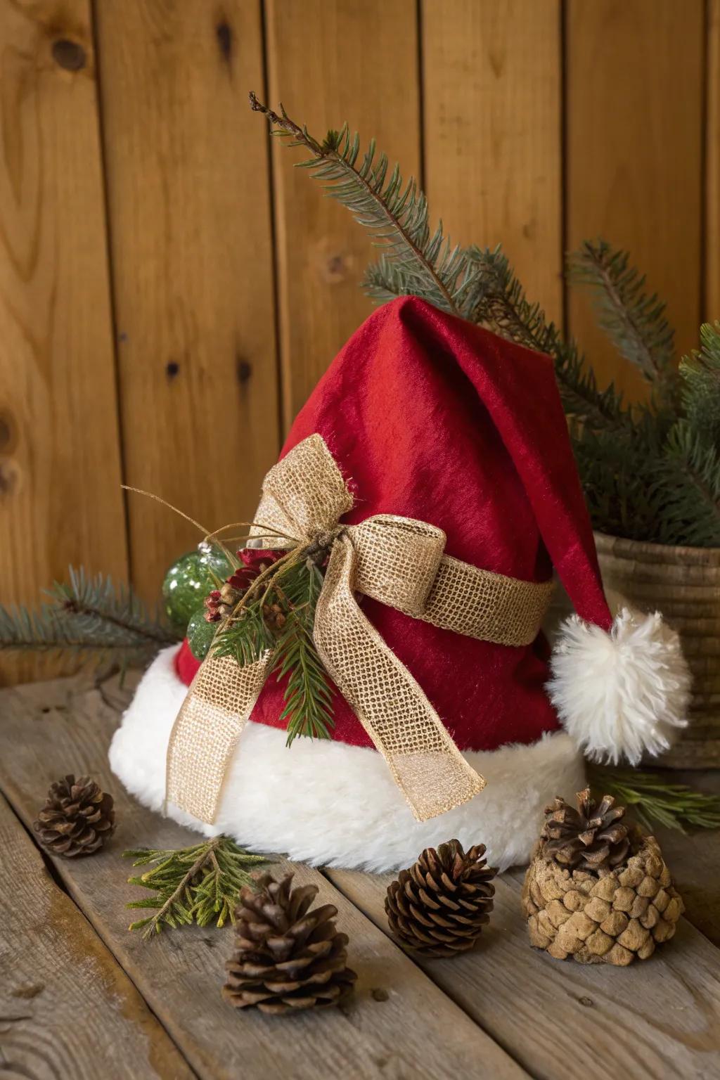 Embrace countryside elegance with woven strands and natural touches on your Santa hat.