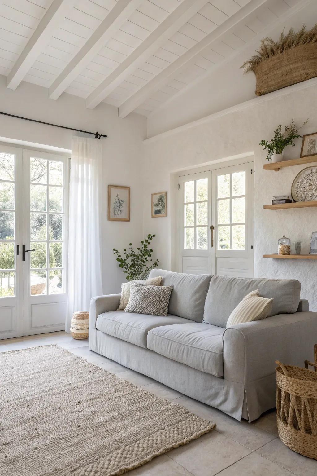 A peaceful living area presenting a gentle color scheme that enhances natural light.