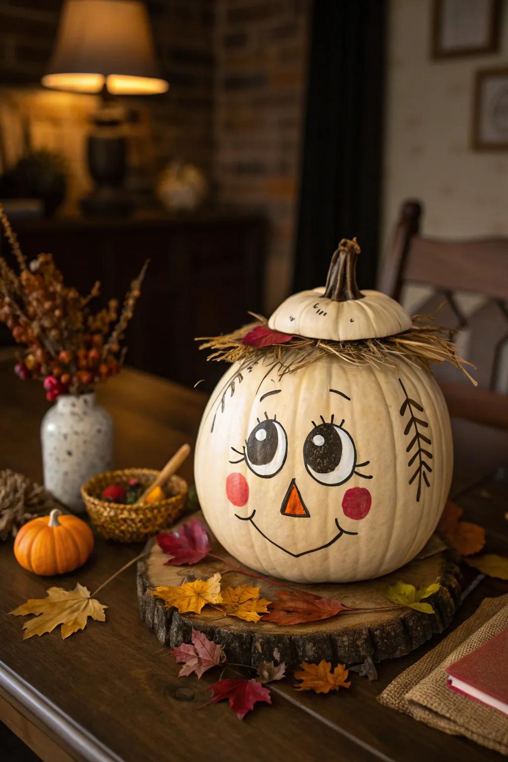 A timeless scarecrow visage displayed on a pumpkin.