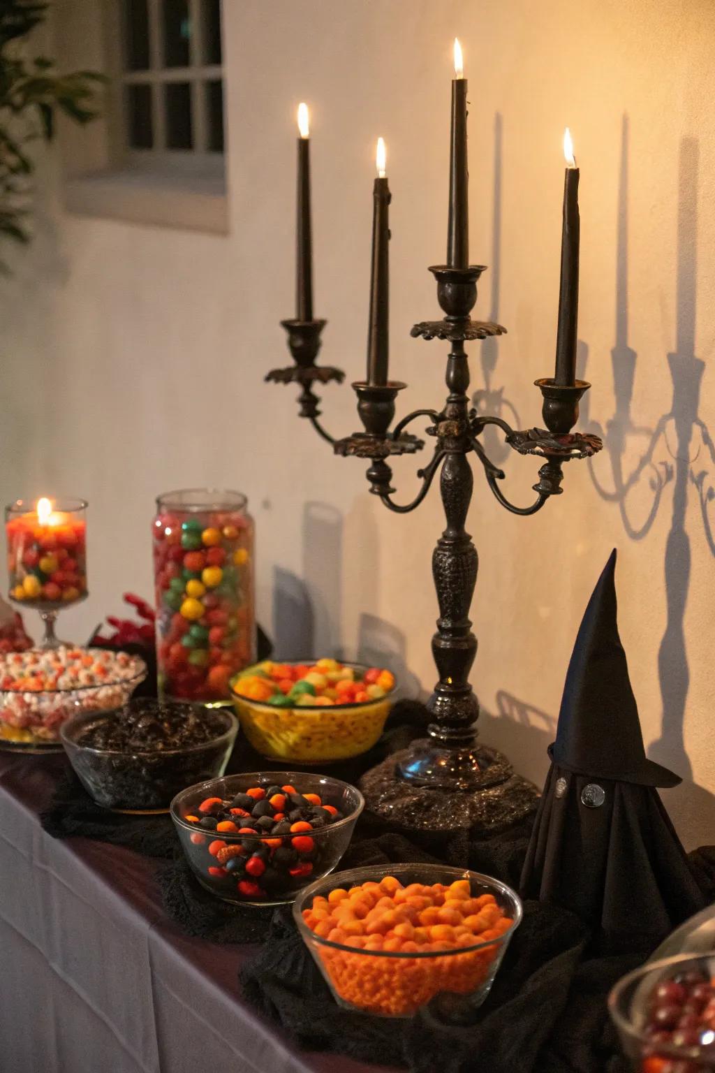 A quintessential Gothic ambiance crafted with candle holders and flickering lights.