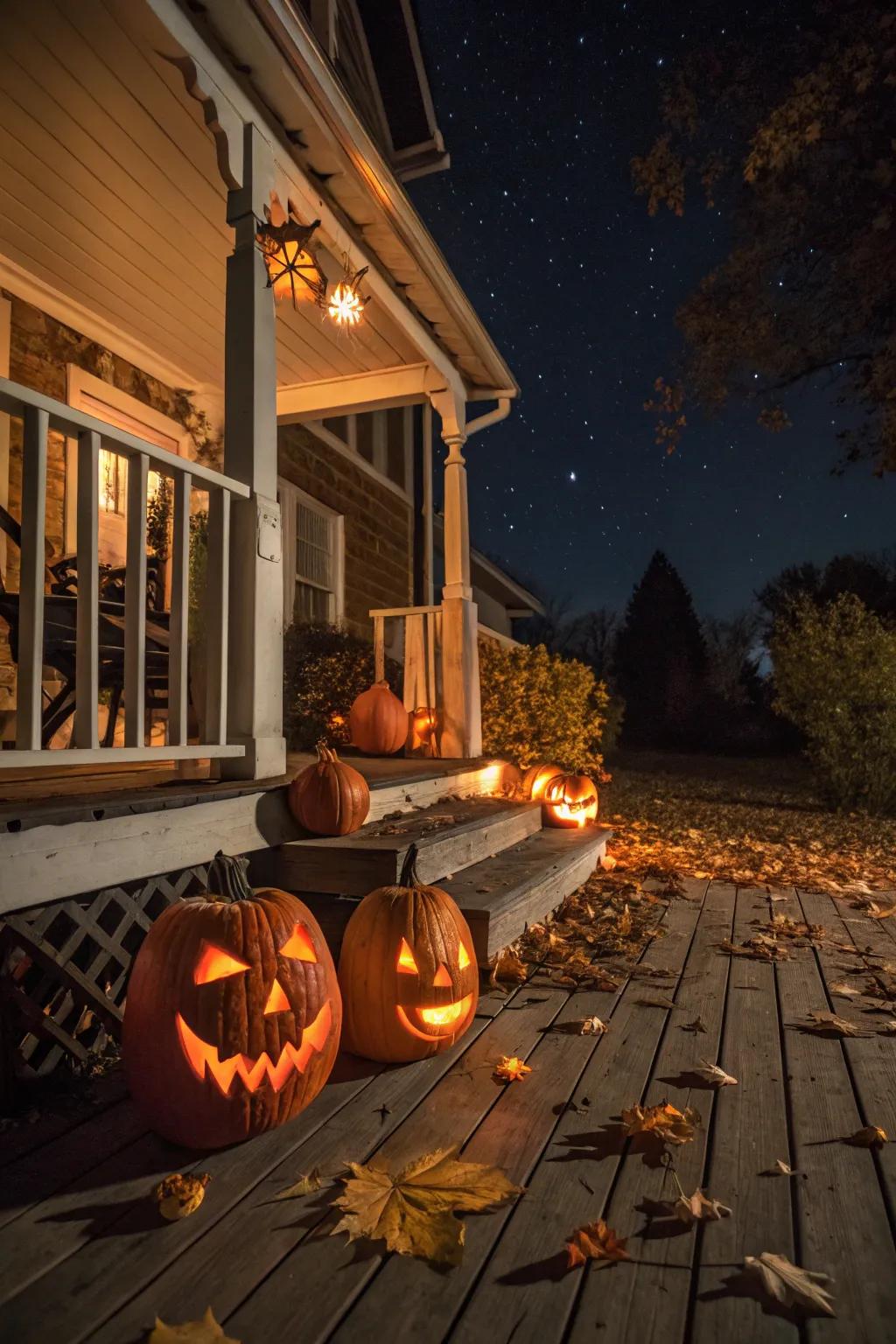 Lanterns glowing with an eerie light during a Halloween night.