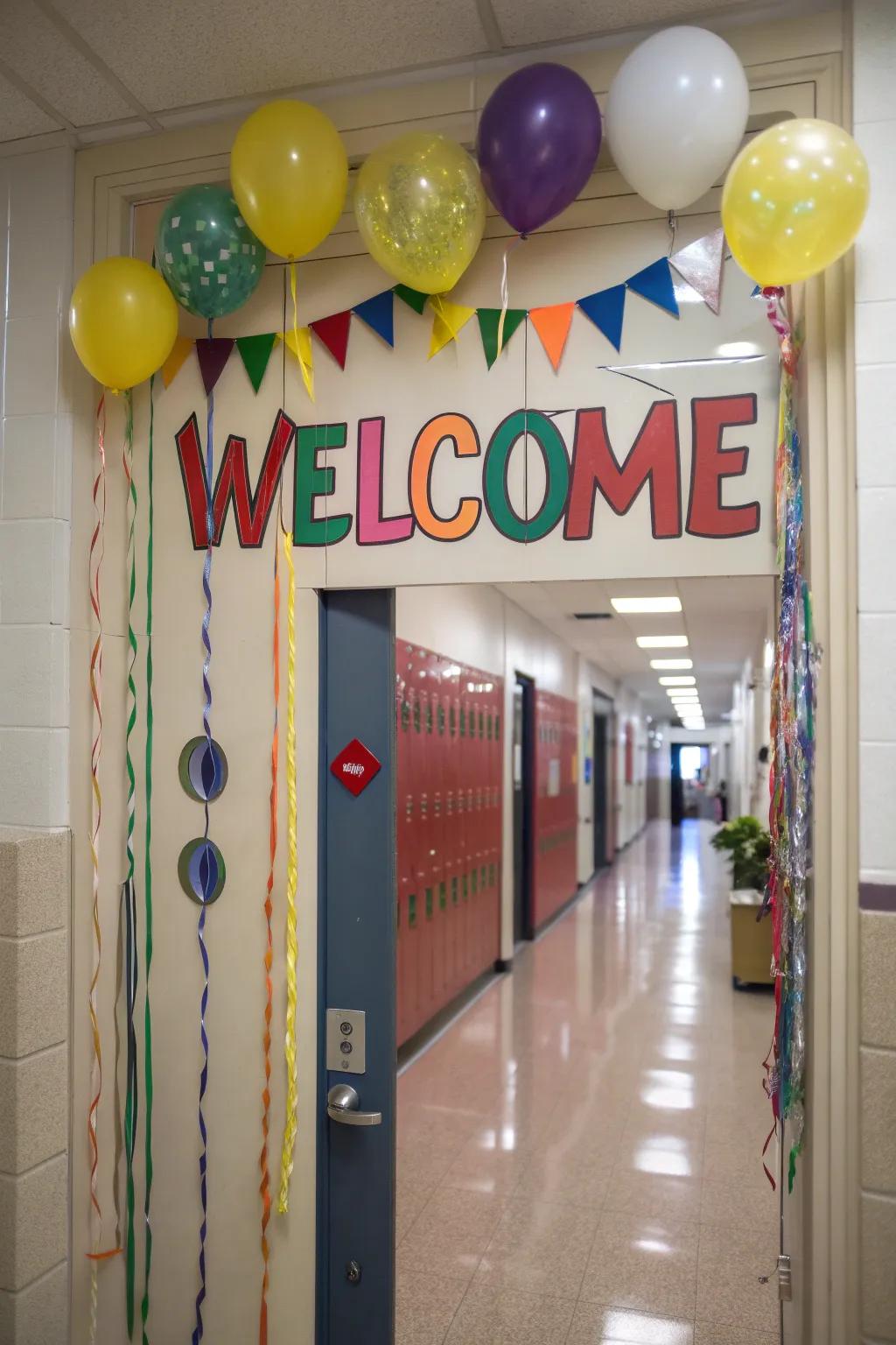 A vibrant school door with a welcoming message and festive decorations.